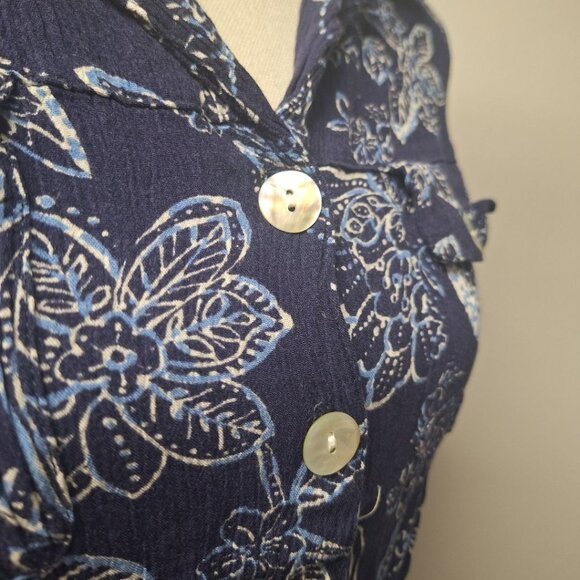 Drapers & Damons Crepe Shirt Blue Blouse Button Down Floral Womens Medium - Picture 3 of 7